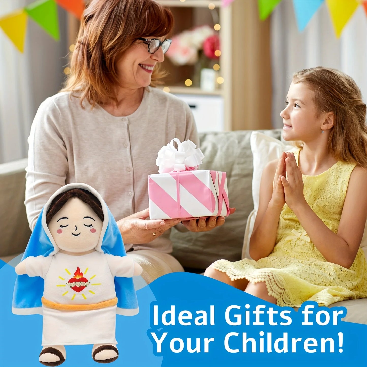 Maria Blue Breathing Jesus Doll Remote Control Lighting Music Easter Christmas Gifts for Boy and Girl