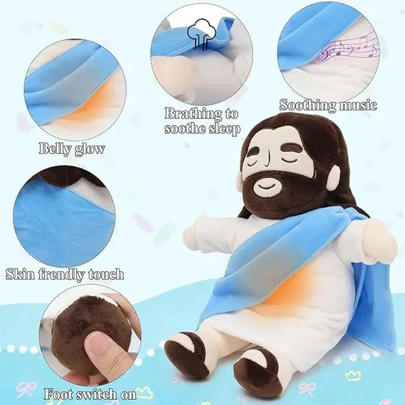 Breathing Jesus Plush Toys Baby Soothing Jesus Doll Four-Gear Adjustment Children Music Sleep Companion Christmas Gifts Light