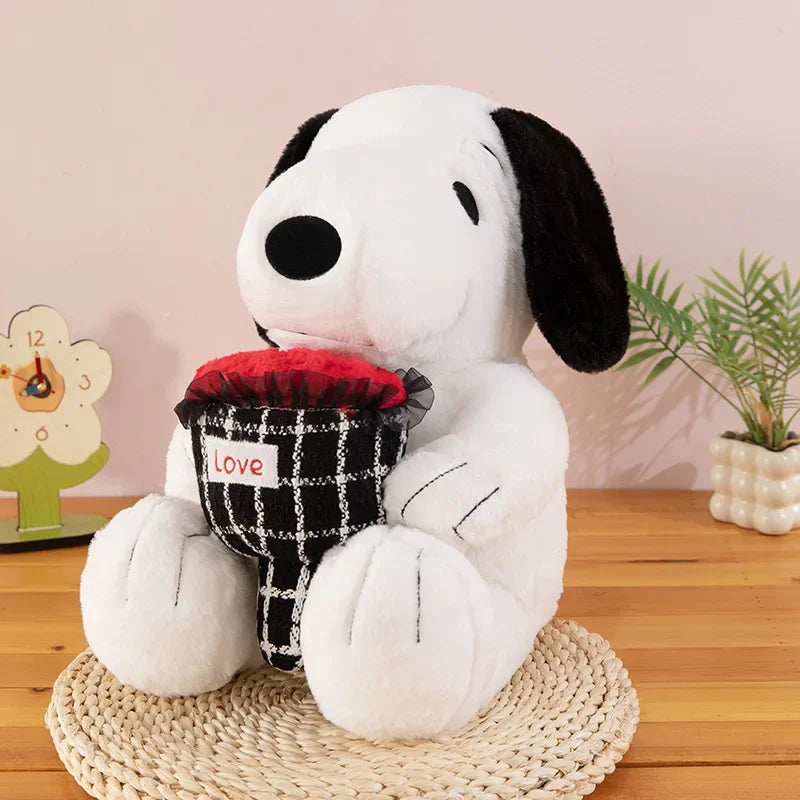 65cm Snoopy plush holding flowers displayed as a bold Valentine’s gift