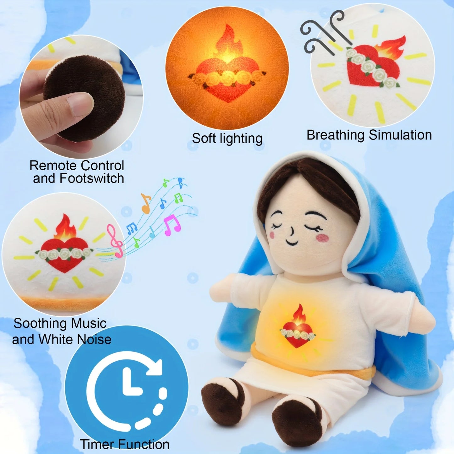 Maria Blue Breathing Jesus Doll Remote Control Lighting Music Easter Christmas Gifts for Boy and Girl