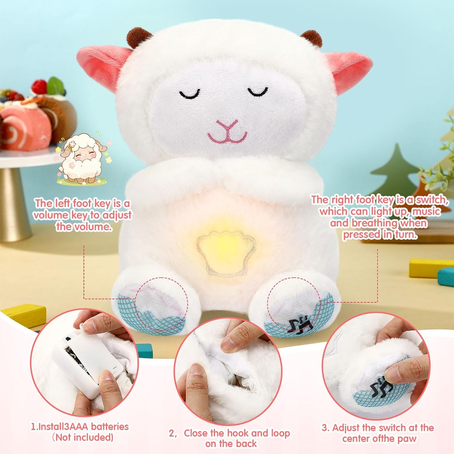 Breathing Stuffed Animal 9 Inch Calming Soothers for Sleep Heartbeat Plush for Anxiety with Music Lights and Rhythmic Breathing Motion Anxiety Relief Portable Plush Sound Machine(Sheep)