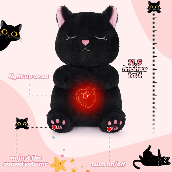 Black cat plush toy with glowing red heart on a pink background