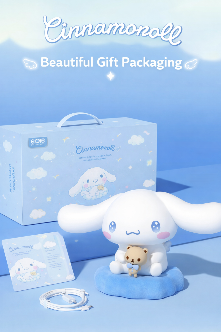 Cinnamoroll gift packaging set with plush toy, card, and band on a blue background