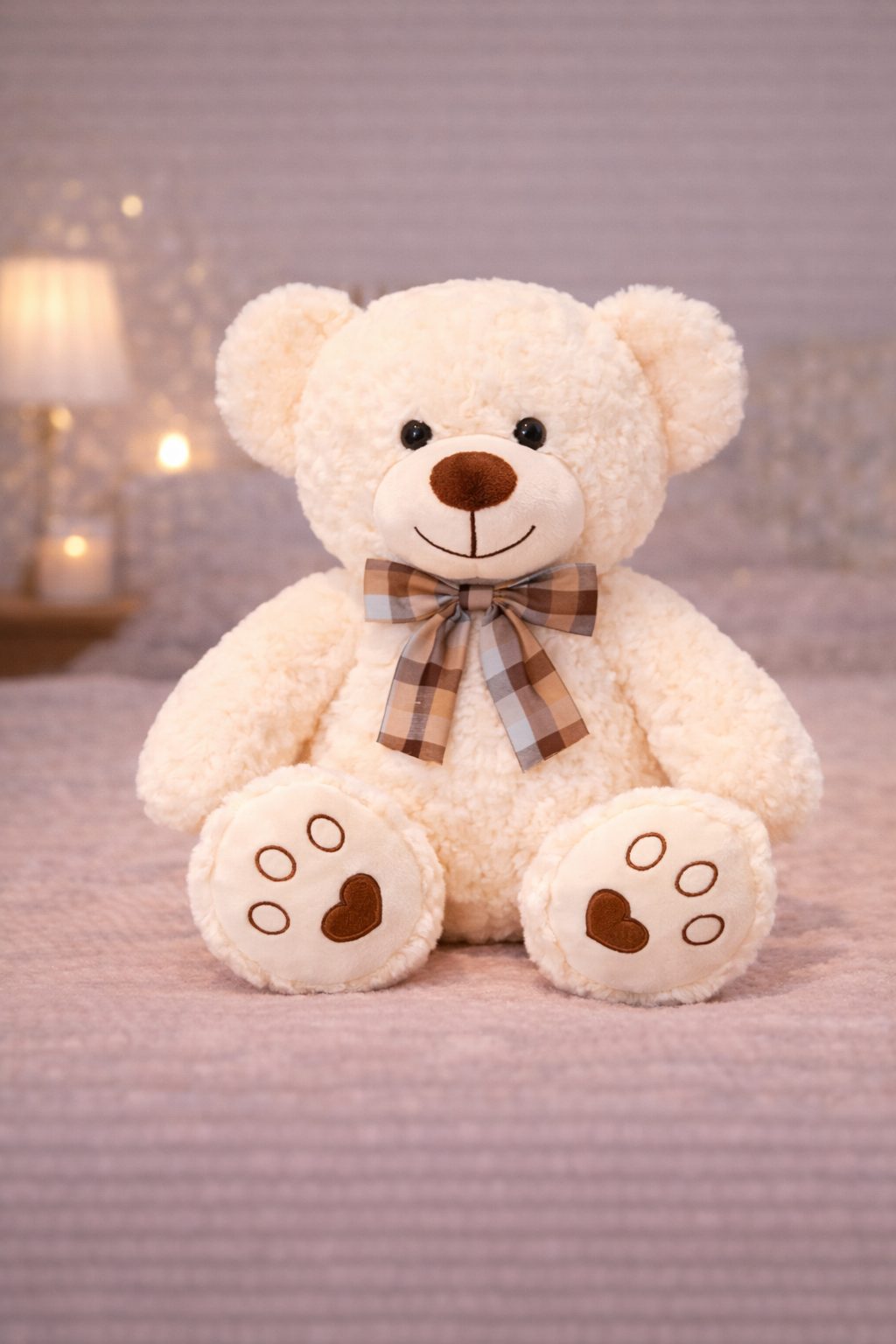 White teddy bear with a plaid bow on a soft surface