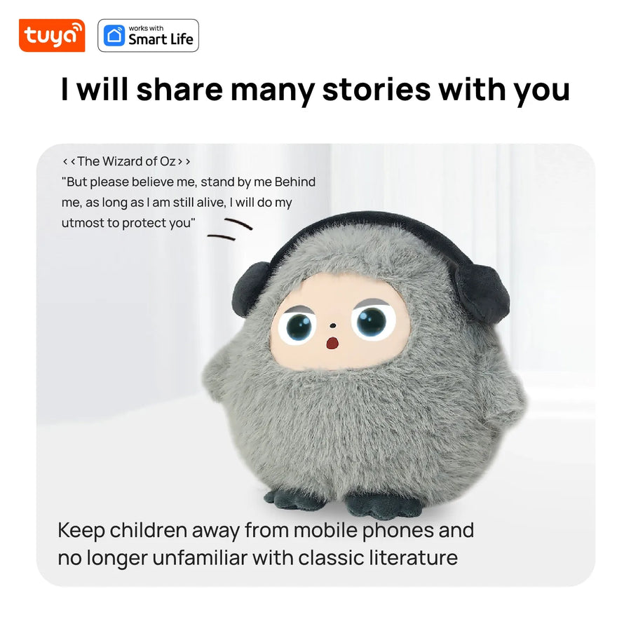 AI plush toy interactive companion sharing stories to support learning, imagination, and emotional development for kids