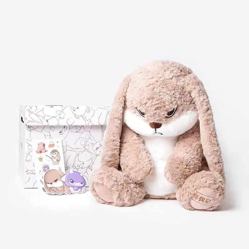 Close-up of the angry facial expression on a kawaii rabbit plush