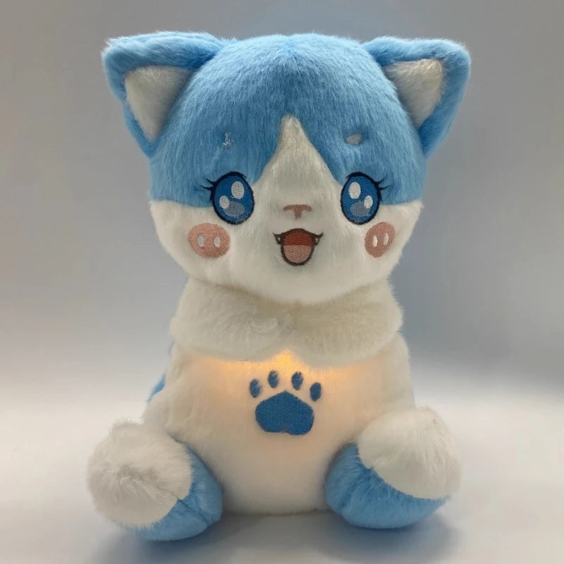 Blue breathing cat plush with soft glow light for nighttime comfort and peaceful sleep