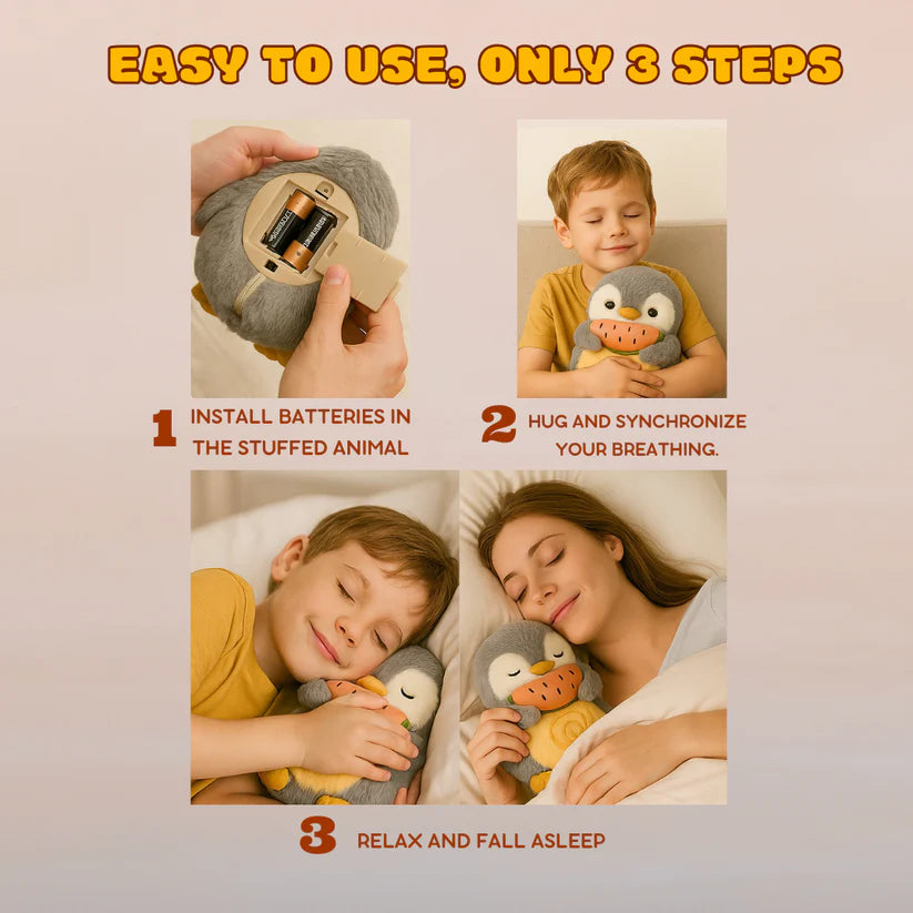 How to use the Breathing Penguin Plush in 3 simple steps—just press, cuddle, and relax for anxiety and sleep relief.