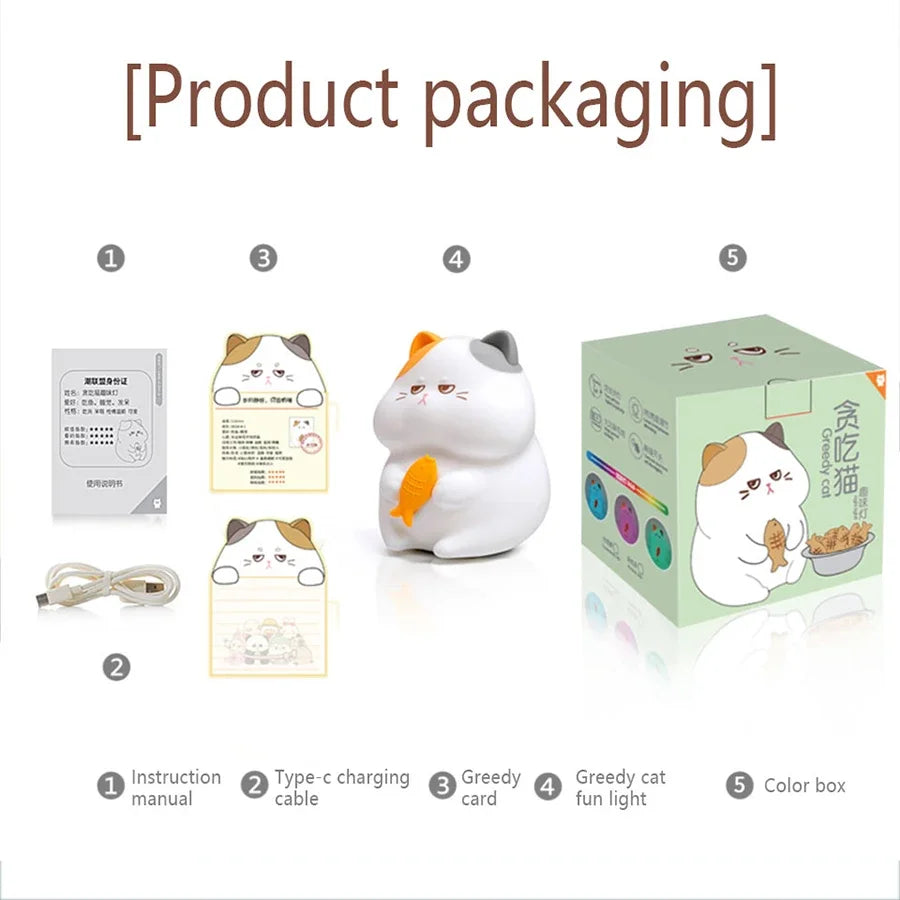 Gluttonous cat night light shown with product packaging box