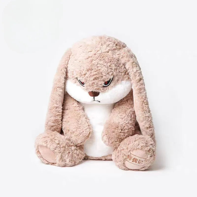 Front view of a grumpy kawaii rabbit plush with an angry expression
