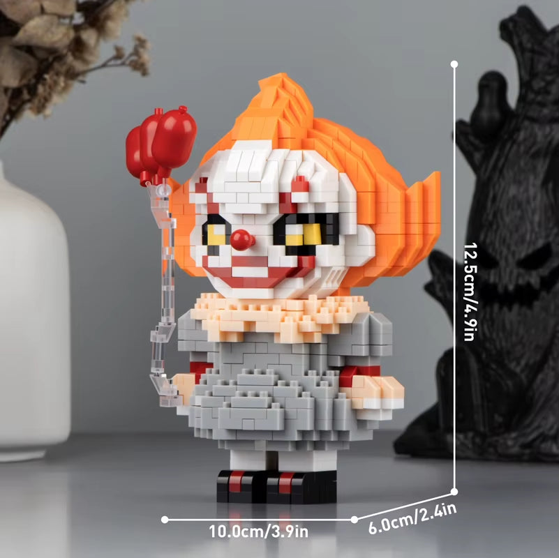 Close-up of detailed mini bricks on horror-themed building block figures
