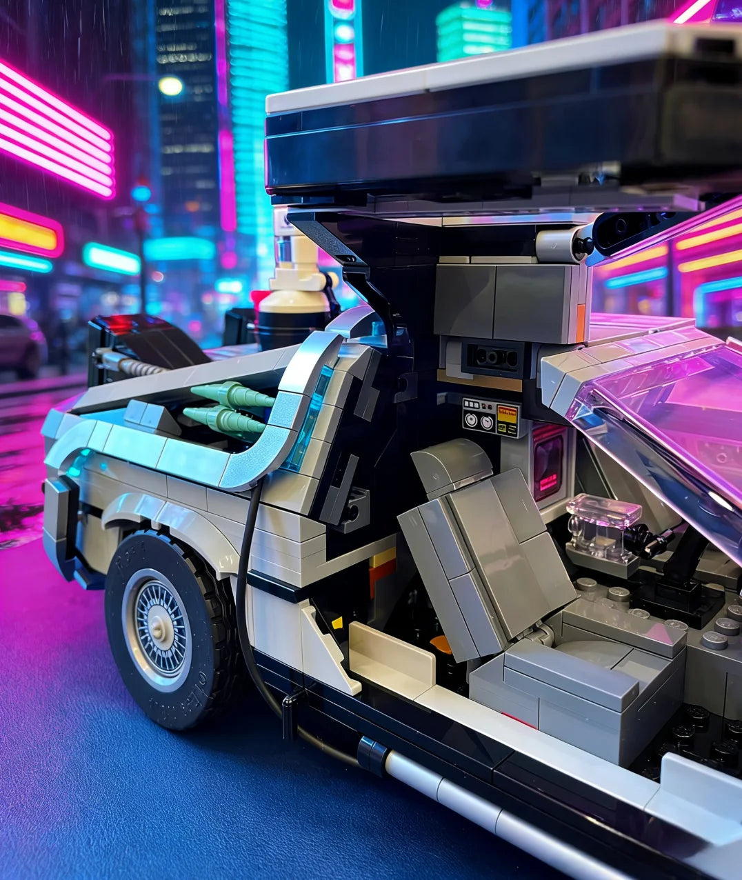 Close-up of detailed brick construction on the hypercar building block model