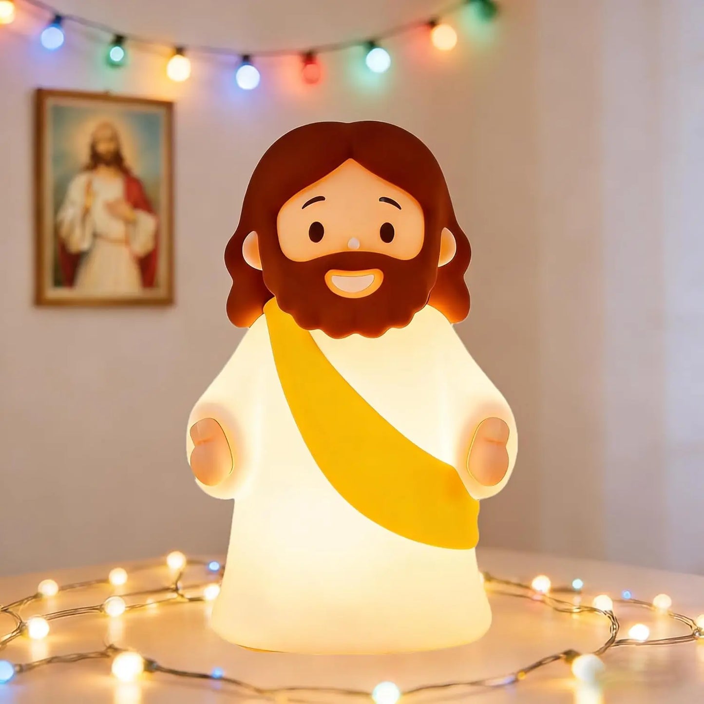 Jesus night light used as peaceful home decor with a warm ambient glow