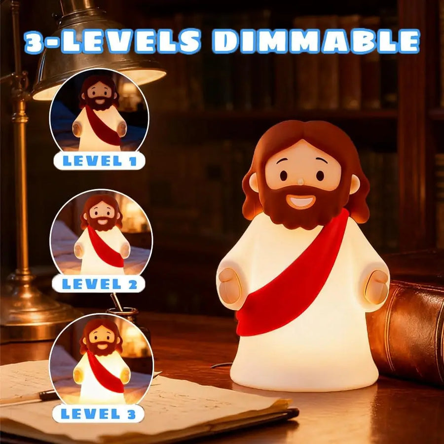 Jesus night light placed in a prayer space creating a calm and spiritual setting