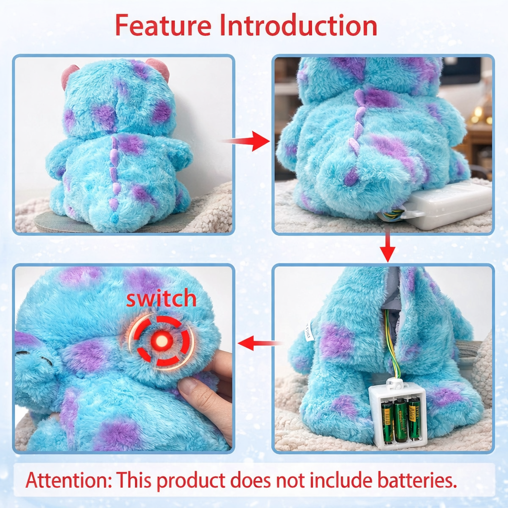 Close-up of the soft fabric and glowing light feature on a Monsters Inc plush