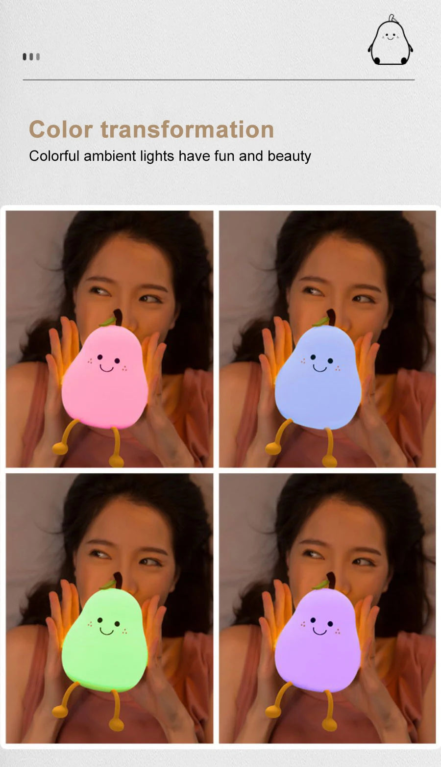 Pear LED night light showing multiple color lighting modes