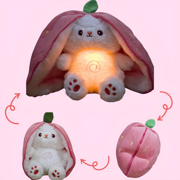 Strawberry radish bunny plush showing zipper opening and breathing light feature