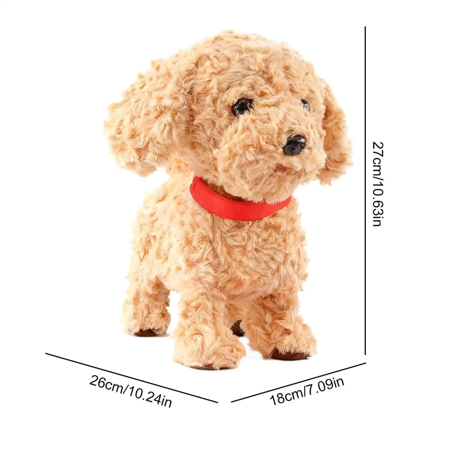 Brown plush robot dog toy shown with full size measurements