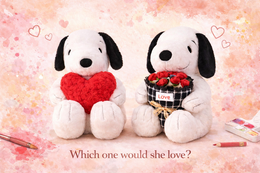 Large Snoopy plush holding flowers making a bold romantic statement