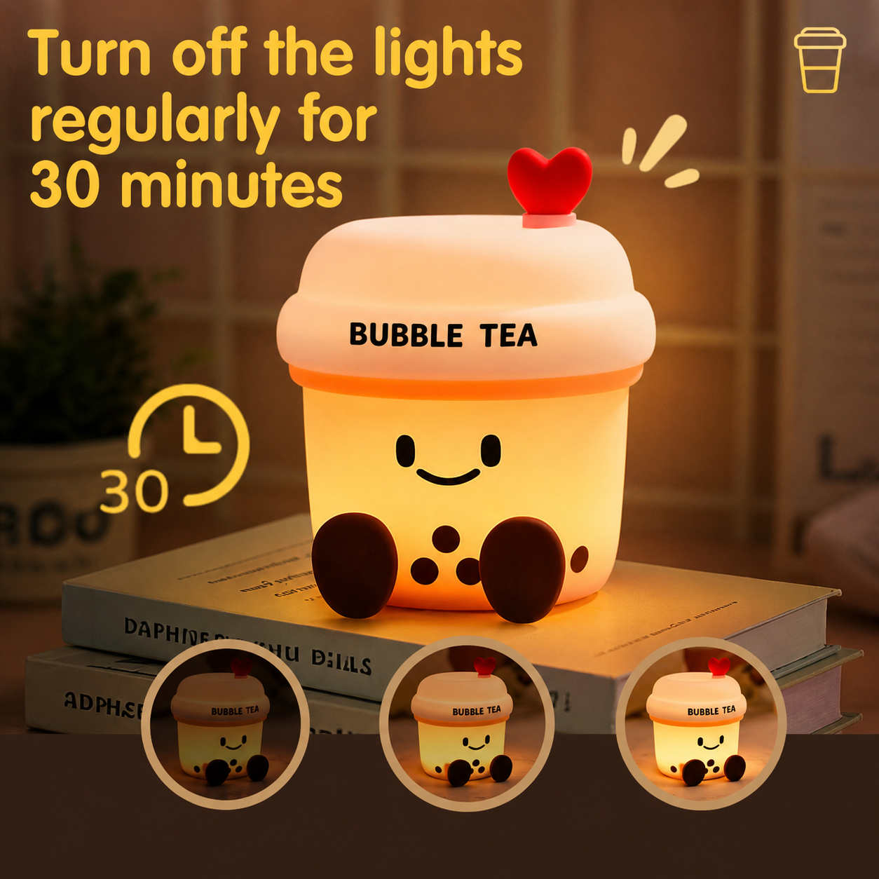 The Boba Night Light glowing warmly on stacked books with a 30-minute timer reminder for cozy nighttime use.