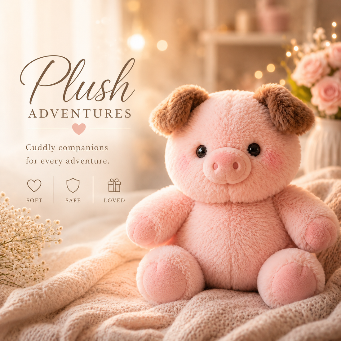 Pink pig plush sitting on a knitted blanket in a warm cozy bedroom setting.