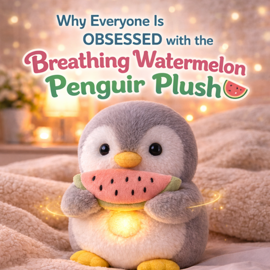Cover image of breathing watermelon penguin plush toy with a glowing belly in a cozy bedroom setting, featuring soft lighting and text highlighting its calming and comforting benefits