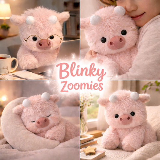 Blinky Zoomies plush featured in a cozy lifestyle collage showing comfort moments like cuddling, resting, and relaxing in warm, calming environments