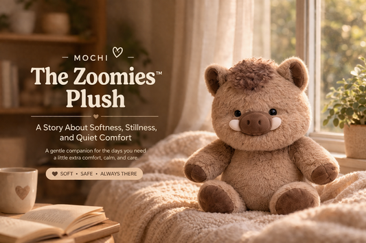 Mochi Zoomies plush toy featured in a cozy aesthetic setting with soft lighting and text overlay highlighting comfort and emotional support