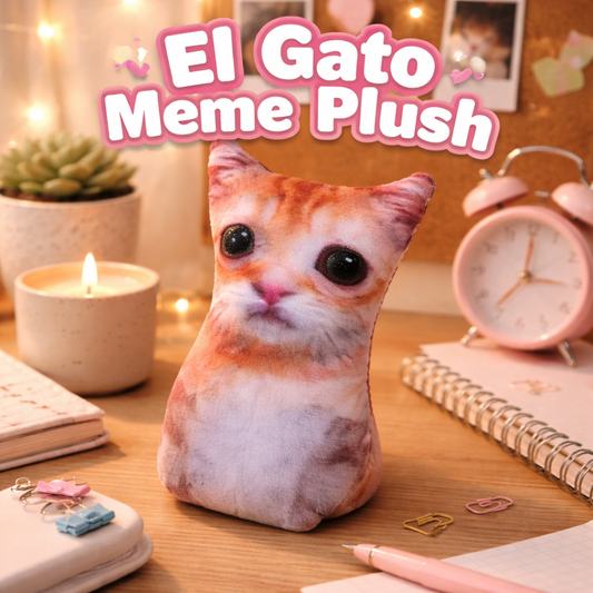 El Gato meme plush featured on a cozy aesthetic desk setup with warm lighting and soft decor, highlighting the viral sad cat plush as a cute emotional comfort toy