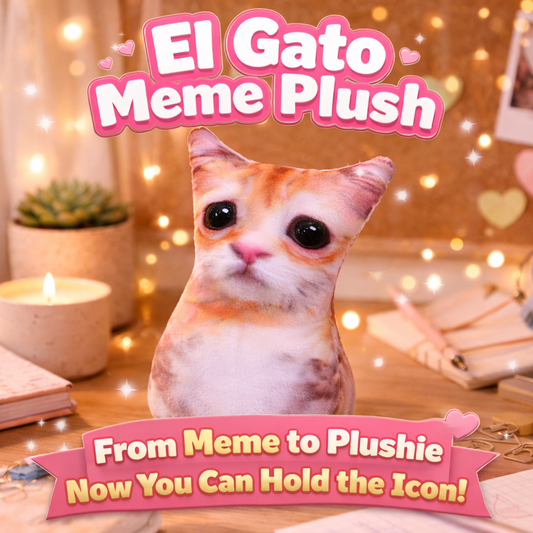 El Gato meme plush featured in a warm aesthetic desk setting with fairy lights and soft decor, showcasing the viral sad cat plush as a cute and cozy collectible toy