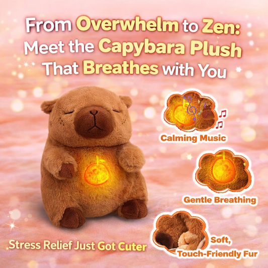 Breathing capybara plush toy with glowing belly featured in a warm soft pink background, highlighting calming music, gentle breathing, and stress relief benefits for relaxation