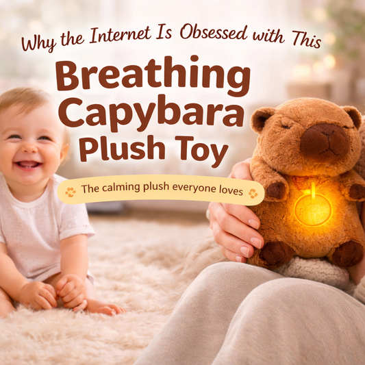 Promotional image of a breathing capybara plush toy with a softly glowing belly, shown in a cozy home setting with a smiling baby and warm lighting, highlighting comfort and relaxation benefits