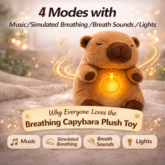 Promotional image of a breathing capybara plush toy with a glowing belly, highlighting four modes including music, simulated breathing, breath sounds, and lights in a warm, cozy setting