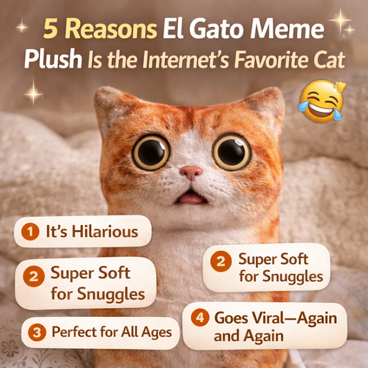 Promotional cover image of the El Gato meme plush toy with its iconic wide-eyed expression, highlighting five reasons it’s the internet’s favorite cat in a cozy soft background
