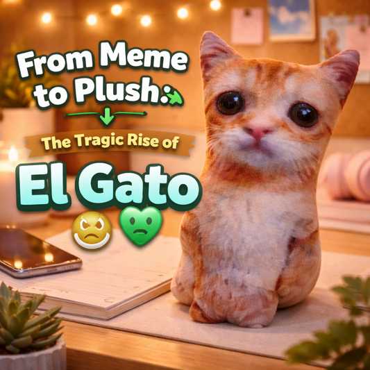 El Gato sad cat plush cover image with cozy aesthetic desk setup and warm lighting, featuring text “From Meme to Plush: The Tragic Rise of El Gato,” viral meme plush toy for emotional comfort and gifting