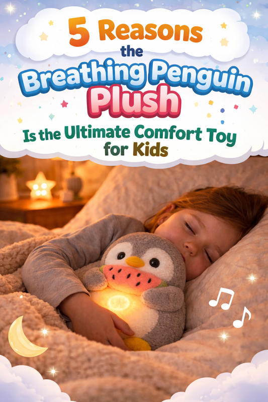 Cover image showing a young girl sleeping while holding a glowing breathing penguin plush, with text “5 Reasons the Breathing Penguin Plush Is the Ultimate Comfort Toy for Kids,” highlighting a calming toy for anxiety relief and better sleep