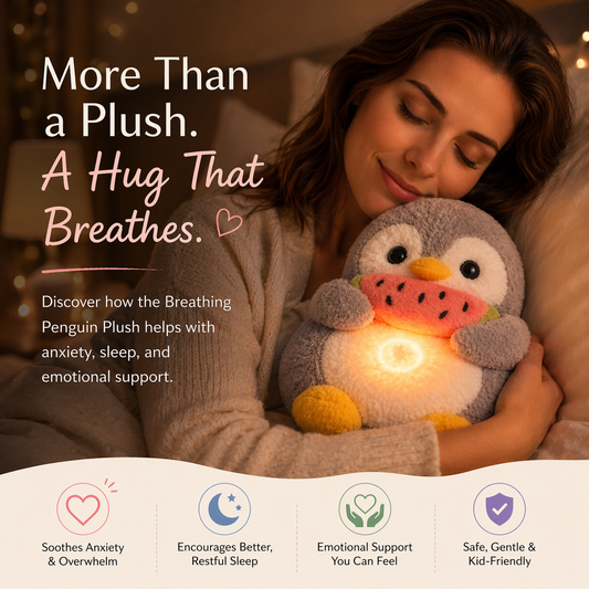Cover image showing a woman peacefully sleeping while holding a glowing breathing penguin plush, with text highlighting it as a comforting gift for anxiety, sleep, and emotional support