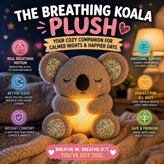 Breathing koala plush toy glowing warmly on a cozy bed with bold, eye-catching text highlighting features like real breathing motion, better sleep, emotional support, and comfort for all ages in a warm nighttime setting