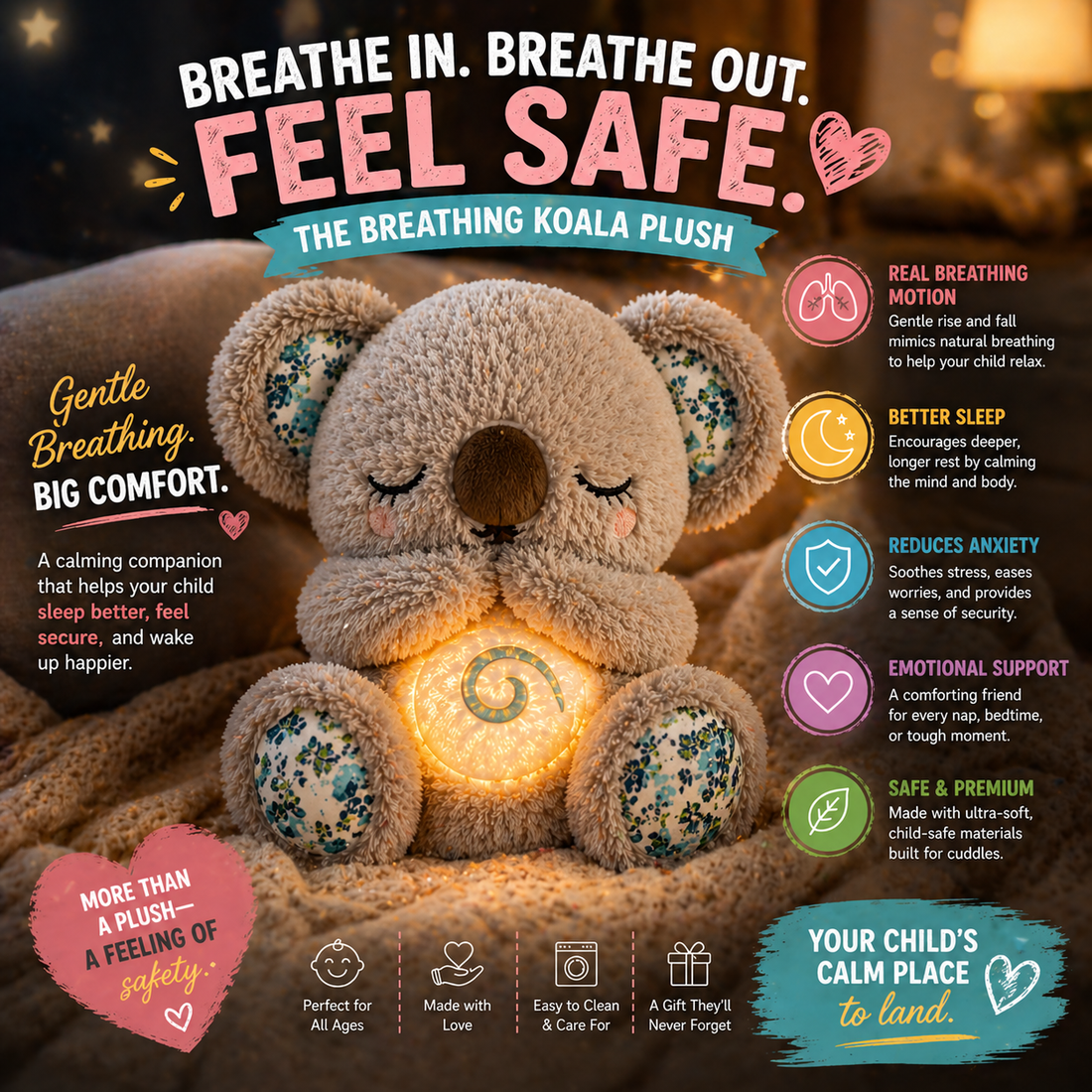 Breathing koala plush toy glowing warmly in a cozy bedroom with bold text promoting calm, better sleep, emotional safety, and gentle breathing comfort