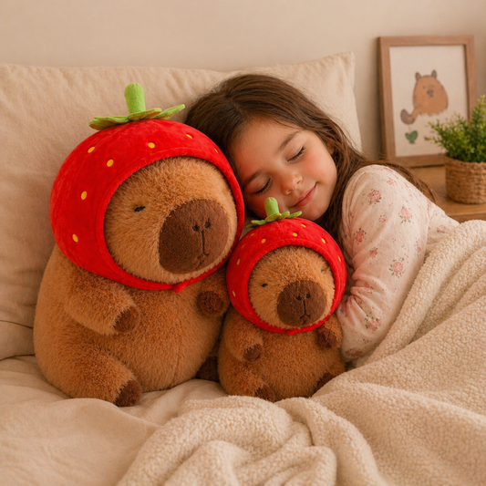 Child peacefully sleeping in a cozy bedroom while cuddling two strawberry capybara plush toys, surrounded by soft blankets and warm natural lighting, creating a calm and comforting sleep scene