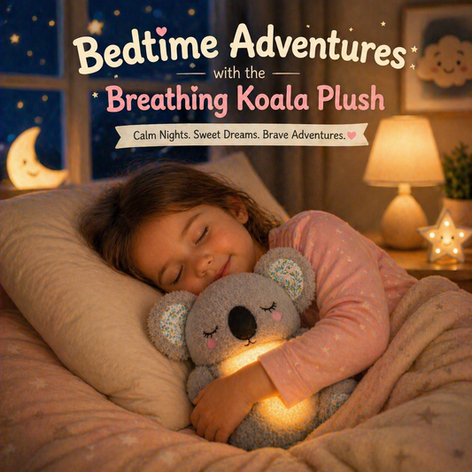 Child peacefully sleeping while hugging a glowing koala plush toy in a cozy bedroom, with soft warm lighting and bedtime-themed text overlay about the Breathing Koala Plush