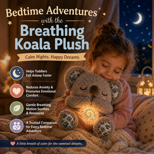Breathing koala plush toy glowing warmly while being hugged by a child in a cozy bedtime setting, with text highlighting benefits like better sleep, reduced anxiety, and emotional comfort in a soft nighttime atmosphere