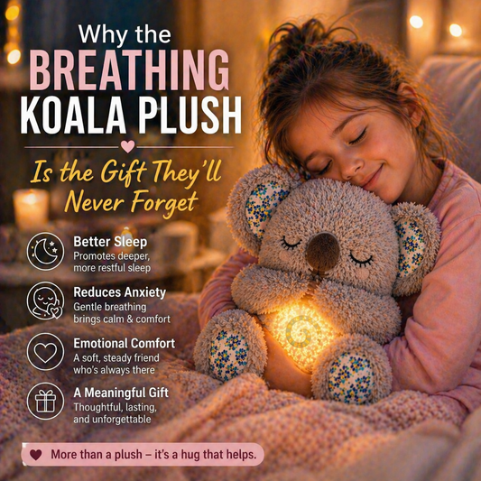 Breathing koala plush toy glowing warmly while being hugged by a child in a cozy bedtime setting, with text highlighting benefits like better sleep, reduced anxiety, emotional comfort, and meaningful gifting