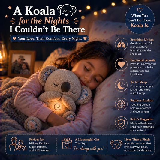 Child cuddling a glowing breathing koala plush toy in a cozy softly lit bedroom, with text highlighting emotional comfort, reduced anxiety, and better sleep for peaceful nights