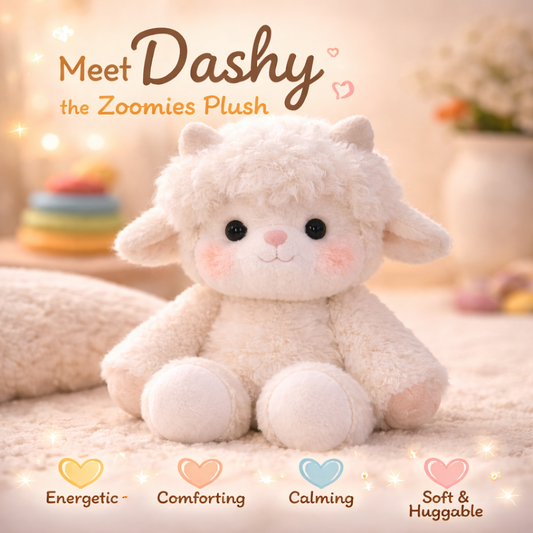 Dashy Zoomies plush toy cover image showing a cute soft lamb plush in a cozy setting with text highlighting comforting, calming, and huggable features