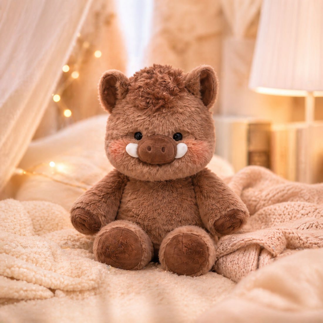 Mochi Zoomies brown plush toy sitting on a cozy bed with warm soft lighting, showing its cute face, fluffy texture, and cuddly gift-ready design.