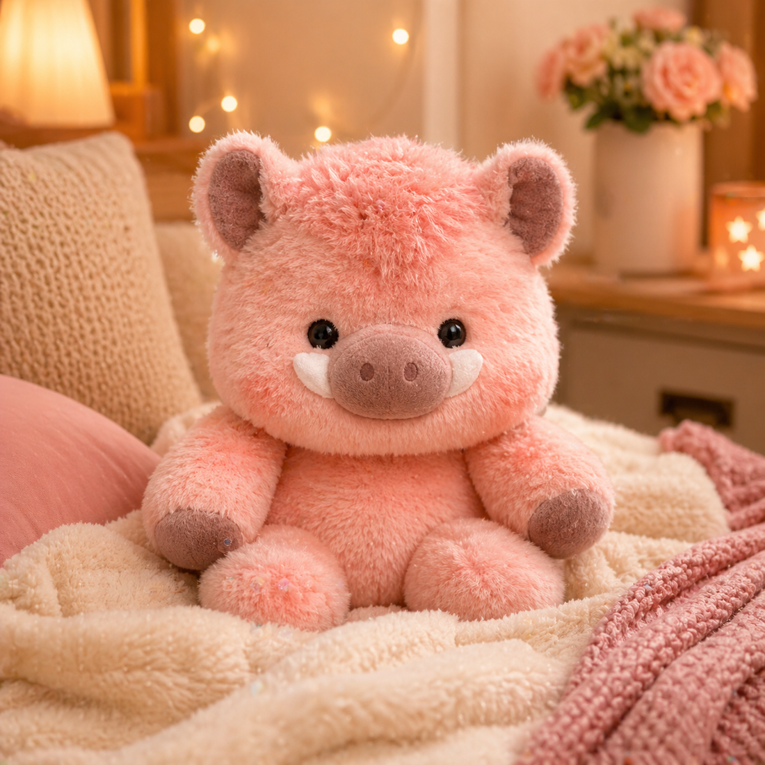 Pebble Zoomies pink pig plush toy sitting on a cozy bed with warm soft lighting, showing its adorable pig face, fluffy texture, and cuddly gift-ready design.