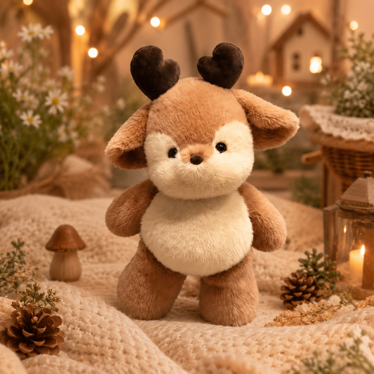 Hazel Zoomies deer plush standing in a cozy woodland nursery setting with warm lighting, soft blankets, pinecones, and cottagecore décor highlighting its cute forest-inspired charm.