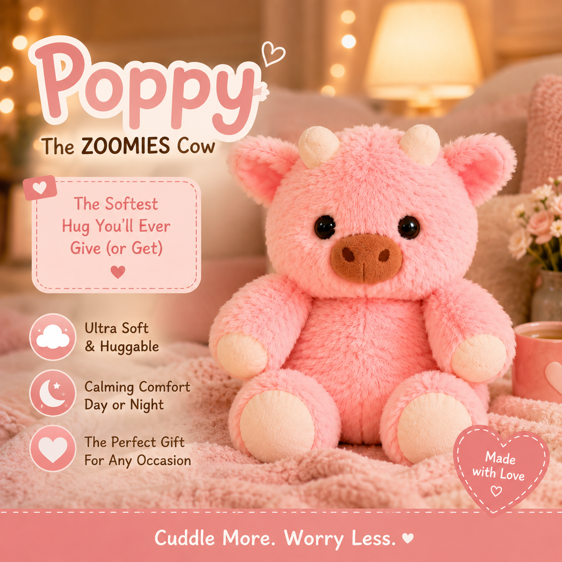 Poppy Zoomies pink cow plush sitting in a cozy bedroom setting with warm lighting, soft blankets, and text highlighting its cuddly comfort and gift appeal.
