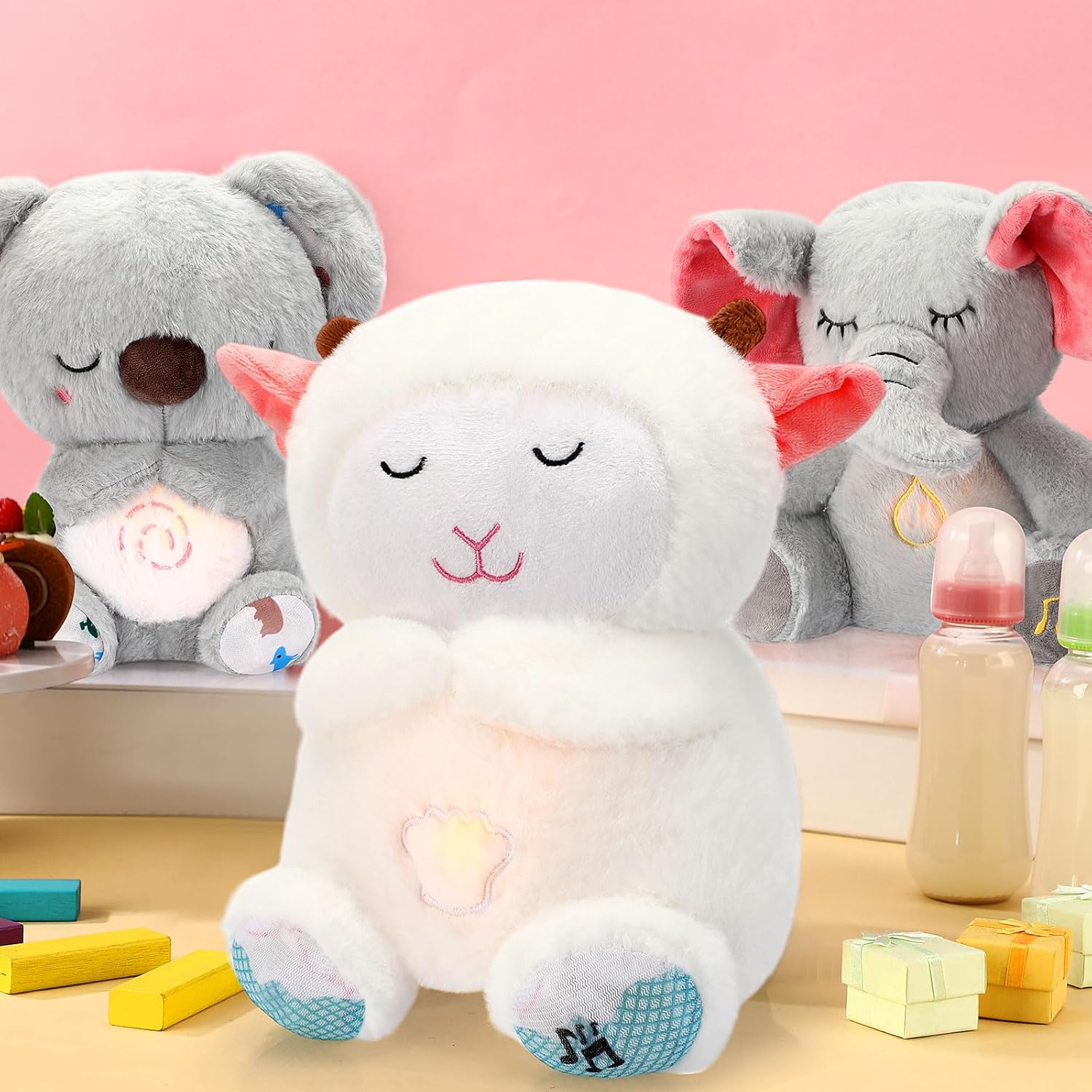 Breathing Stuffed Animal 9 Inch Calming Soothers for Sleep Heartbeat Plush for Anxiety with Music Lights and Rhythmic Breathing Motion Anxiety Relief Portable Plush Sound Machine(Sheep)